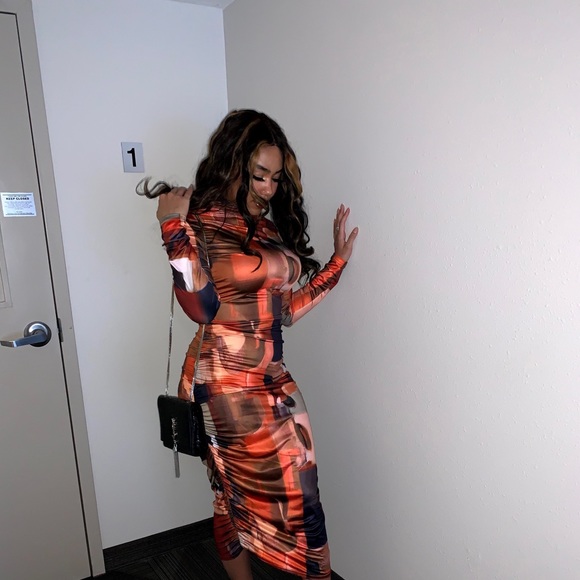 Multi-Pattern Bodycon Dress with Ruching - Picture 2 of 4